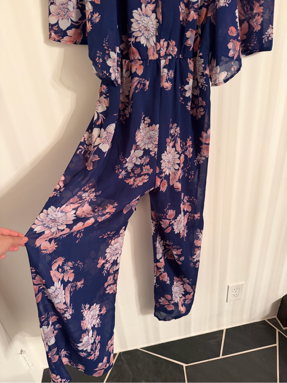 Floral Navy Chiffon Flowy Jumpsuit - Blue Pink Floral - Picture 5 of 5